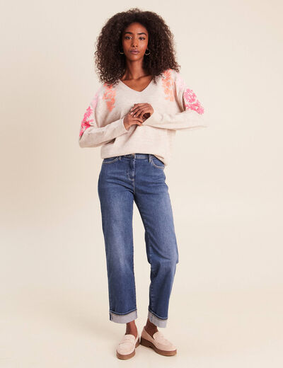 Pull col v avec broderie beige femme