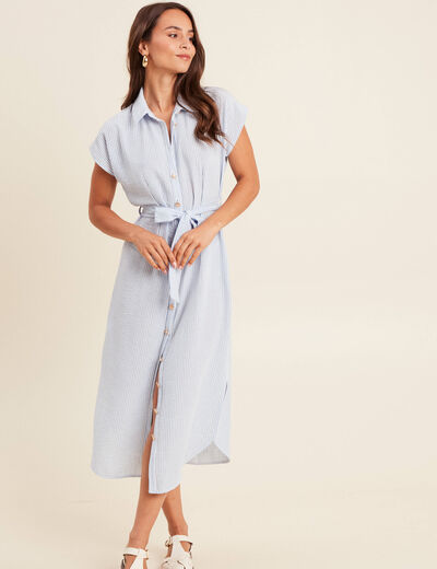 Robe longue droite col chemise bleu femme