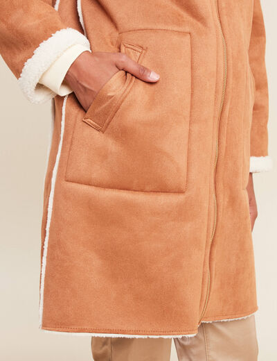 Manteau su&eacute;dine &agrave; capuche marron femme