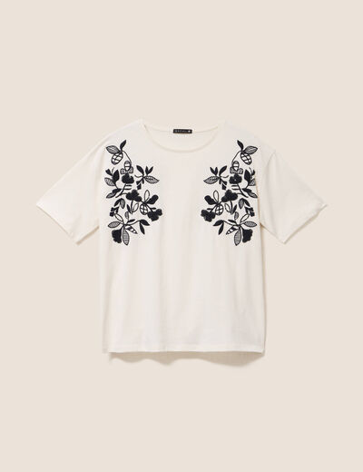 T-shirt ample col rond brod&eacute; ecru femme
