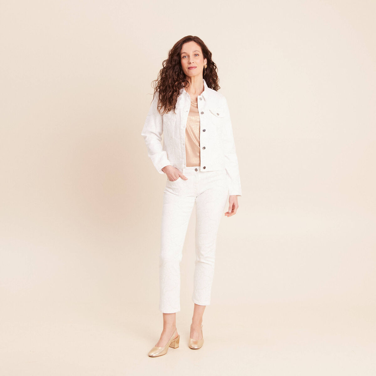 Jean coupe droite 7/8&egrave;me taille bascul&eacute;e blanc femme