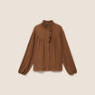 Blouse droite pliss&eacute;e col montant marron fonc&eacute; femme