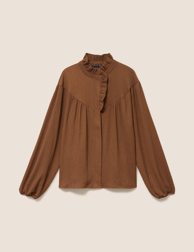 Blouse droite pliss&eacute;e col montant marron fonc&eacute; femme