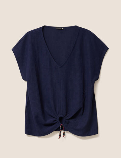 T-shirt bas resserr&eacute; manches courtes bleu marine femme