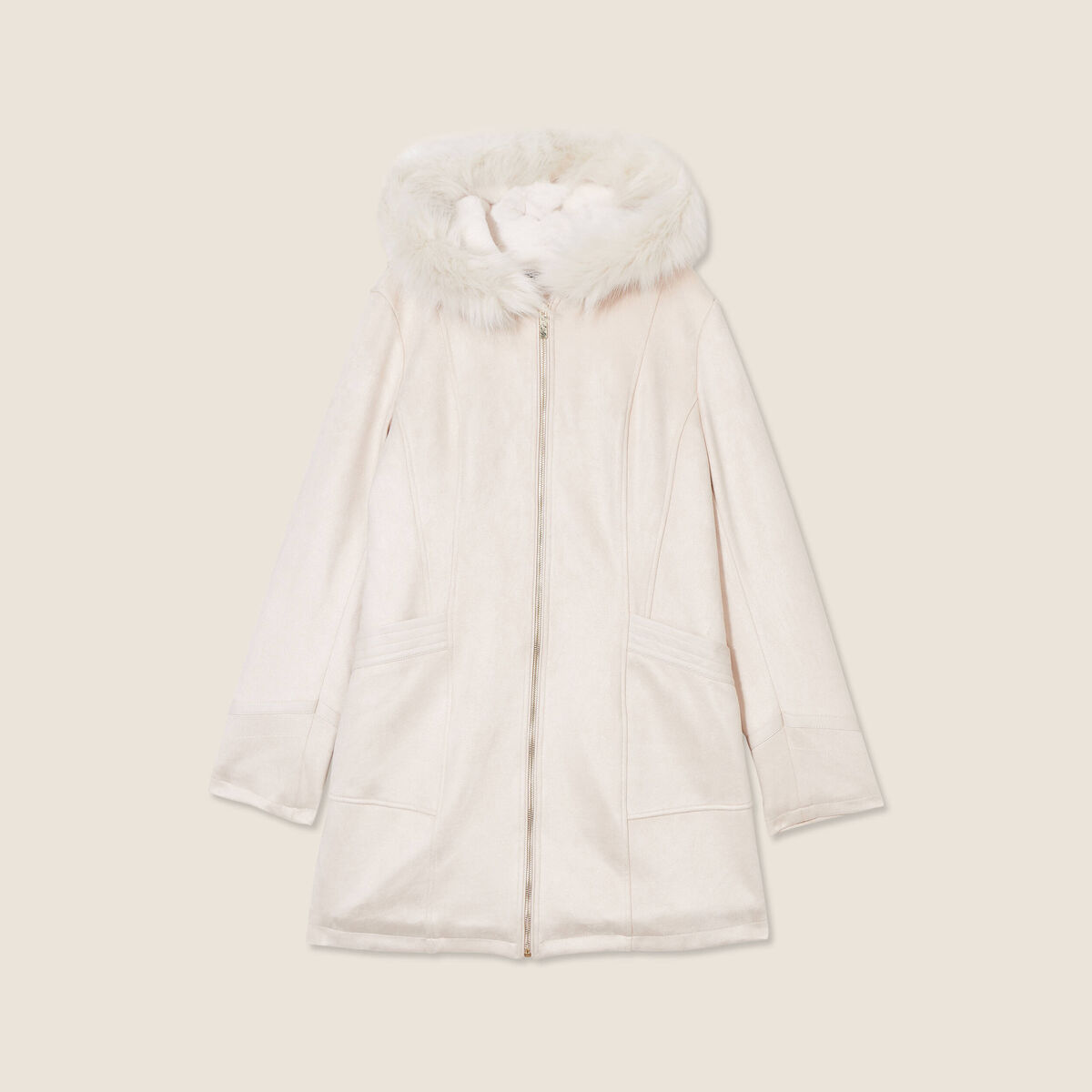 Manteau su&eacute;dine &agrave; capuche creme femme
