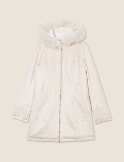 Manteau su&eacute;dine &agrave; capuche creme femme