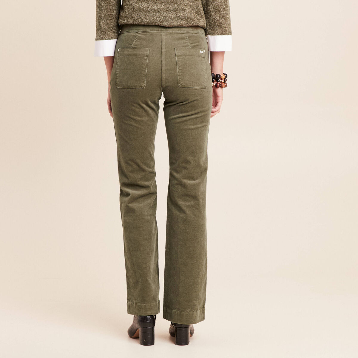Pantalon bootcut taille haute velours vert kaki femme