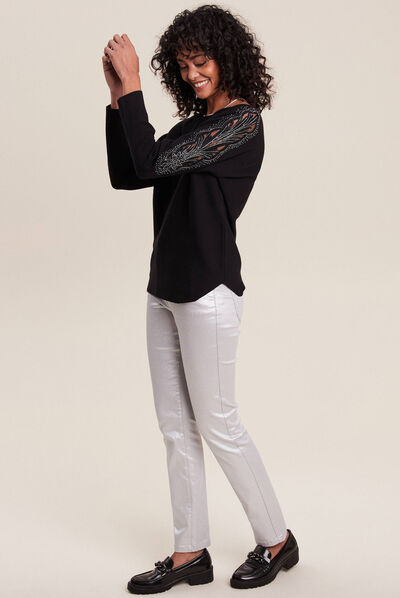 Pull manches longues strass noir femme