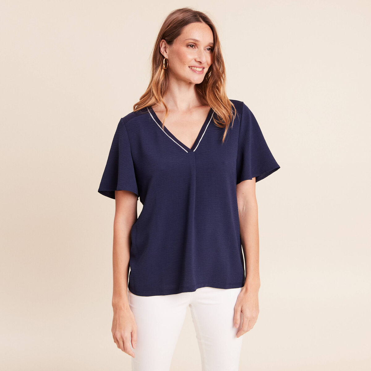 T-shirt bi-mati&egrave;re manches courtes bleu marine femme