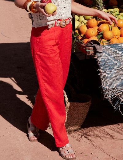 Pantalon large ceinturé orange femme