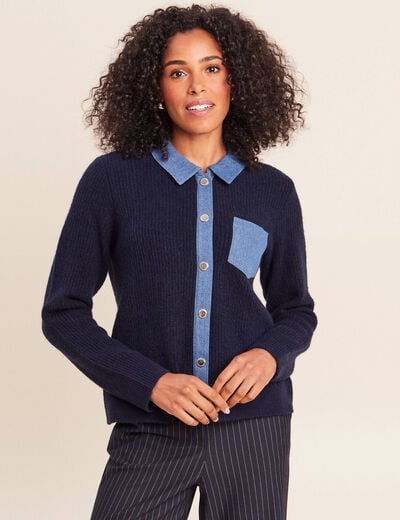 Veste col chemise manches longues bleu fonc&eacute; femme