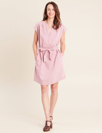 Robe courte ceintur&eacute;e col tunisien rose femme