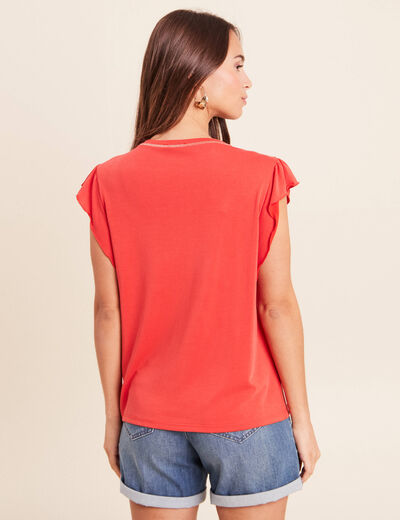 T-shirt manches courtes &agrave; volants orange fonc&eacute; femme