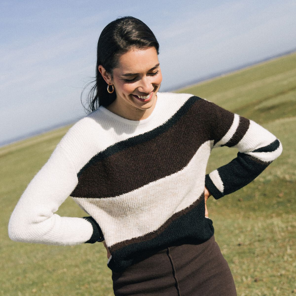 Pull col rond manches longues creme femme