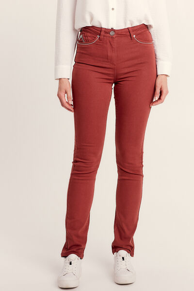 Pantalon ajusté taille haute marron cognac femme