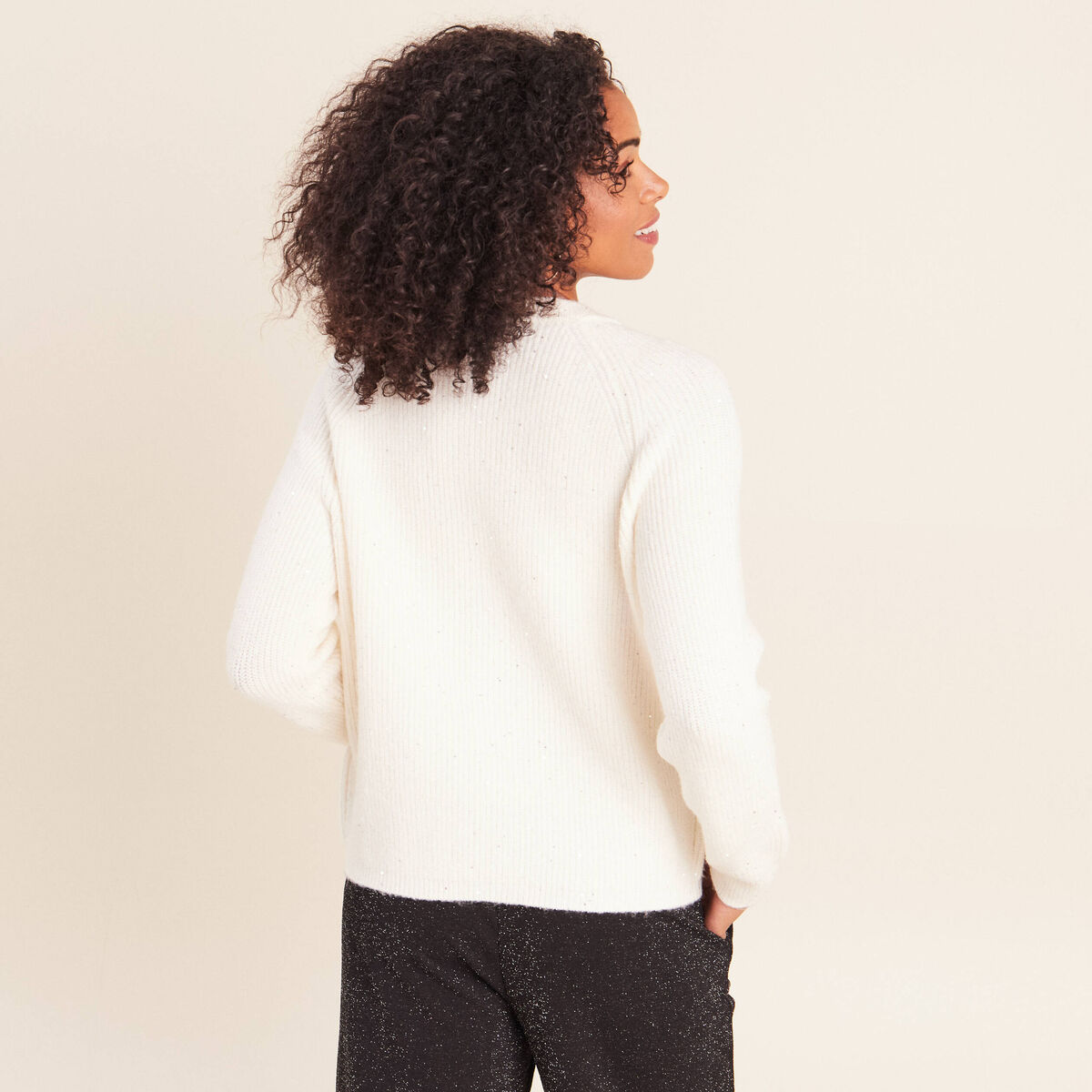 Cardigan col rond &agrave; sequins ecru femme