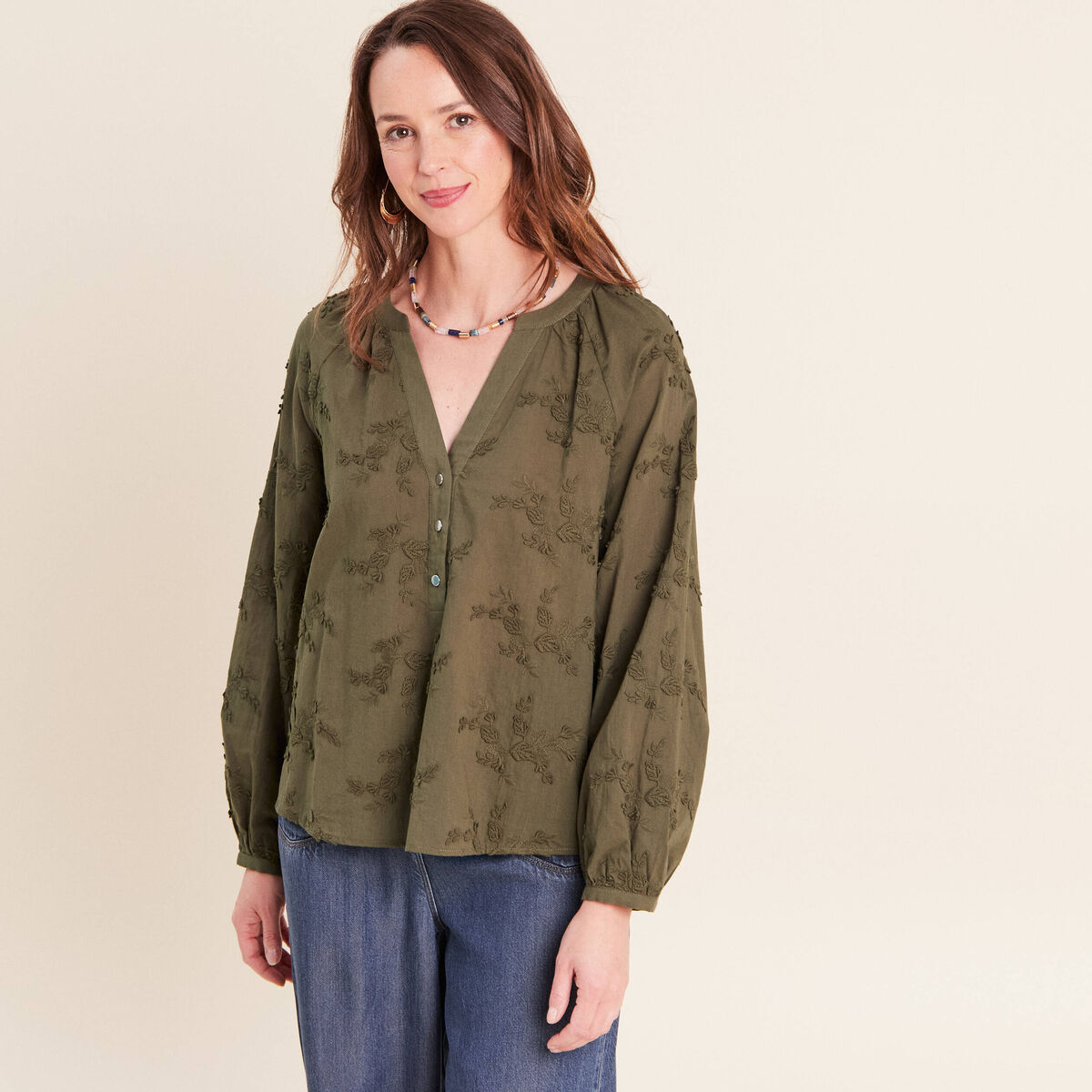 Blouse ample manches longues fluide vert kaki femme