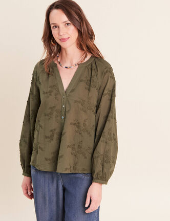 Blouse ample manches longues fluide vert kaki femme