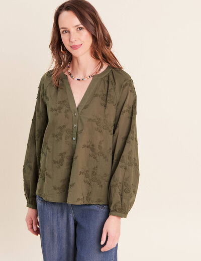 Blouse ample manches longues fluide vert kaki femme