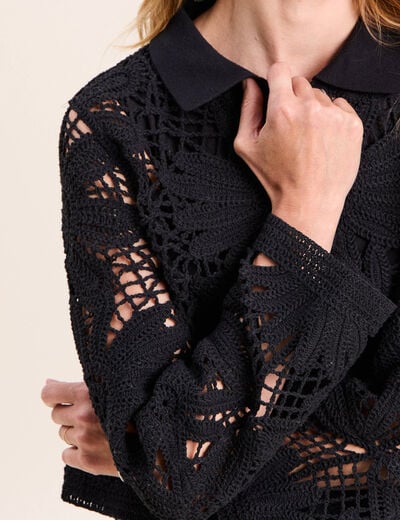 Gilet droit court col chemise dentelle noir femme