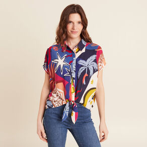Chemise manches courtes nouée bleu femme