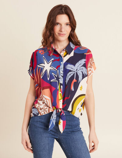 Chemise manches courtes nouée bleu femme