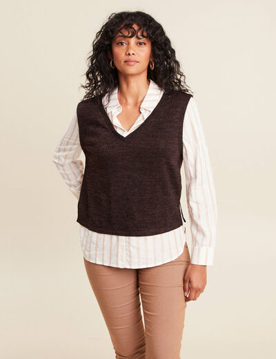 Pull effet 2-en-1 chemise marron fonc&eacute; femme
