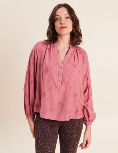 Blouse ample manches longues brod&eacute;e mauve femme