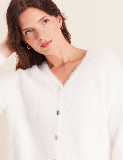 Gilet col V &agrave; sequins ecru femme