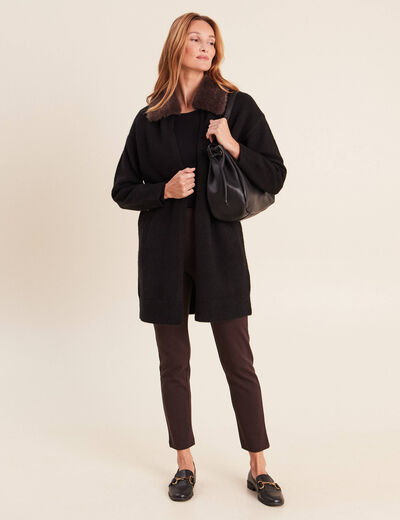 Gilet droit long col chemise noir femme