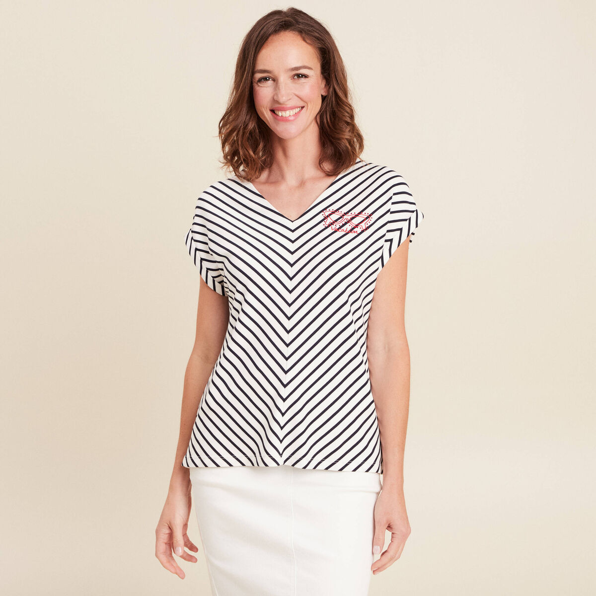 T-shirt manches courtes brodé bleu femme