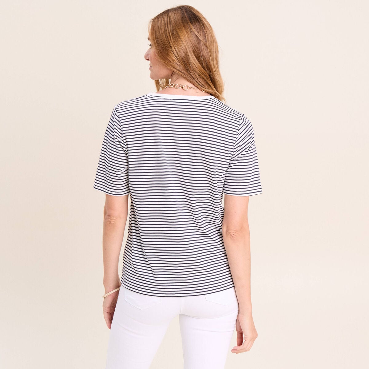T-shirt droit broderie manches courtes bleu femme
