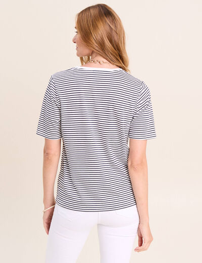 T-shirt droit broderie manches courtes bleu femme