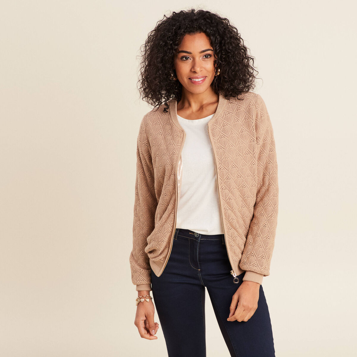 Gilet réversible ajouré sable femme