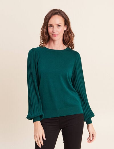 Pull cintr&eacute; col rond manches longues vert fonc&eacute; femme