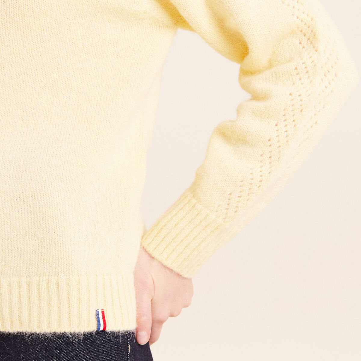 Gilet manches longues col rond jaune pastel femme