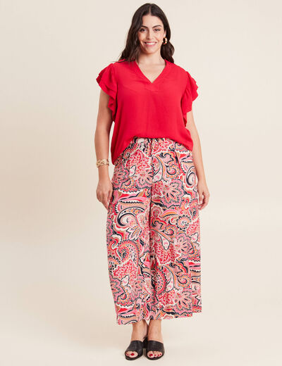 Blouse manches courtes volants rouge femme