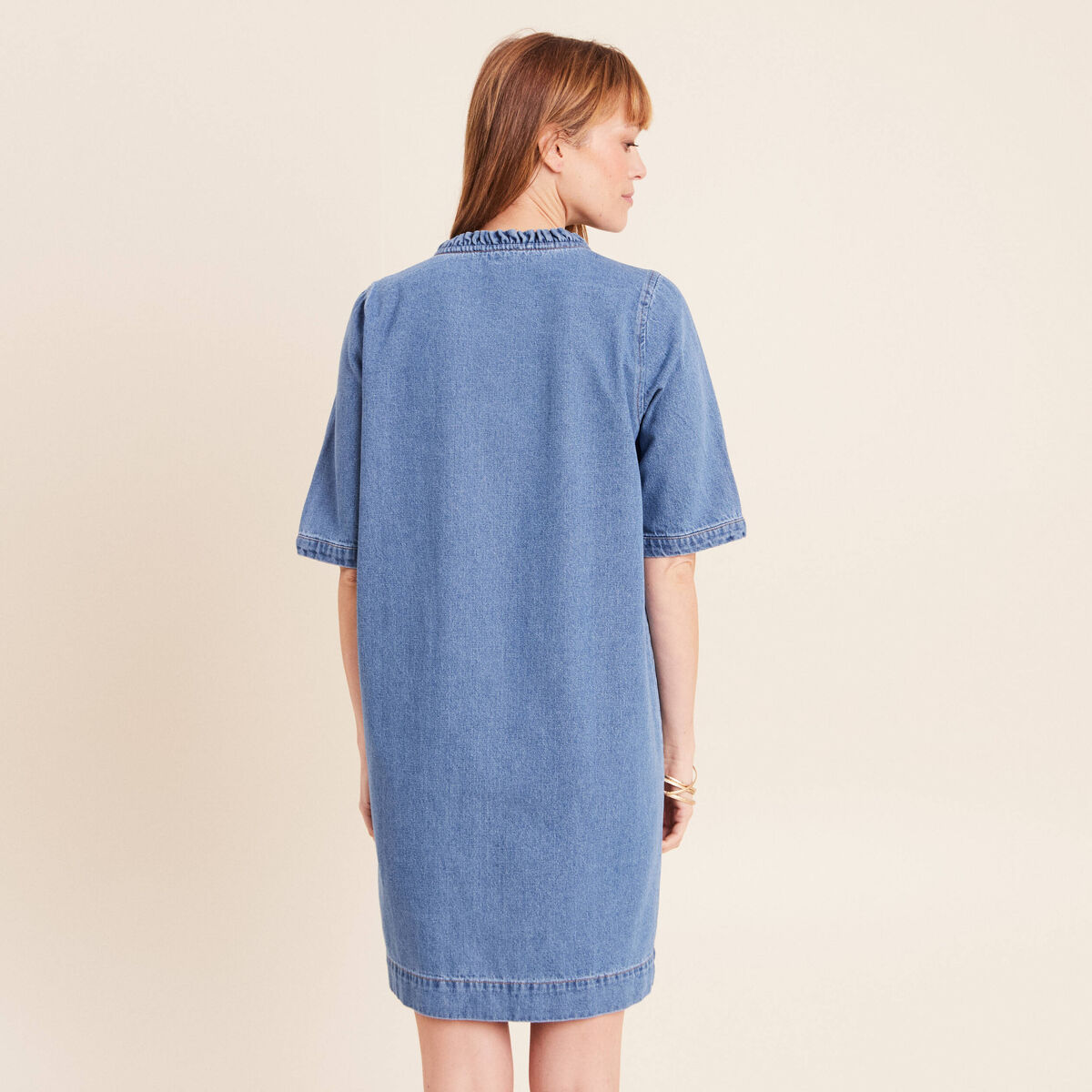 Robe courte &eacute;vas&eacute;e jean col montant denim double stone femme