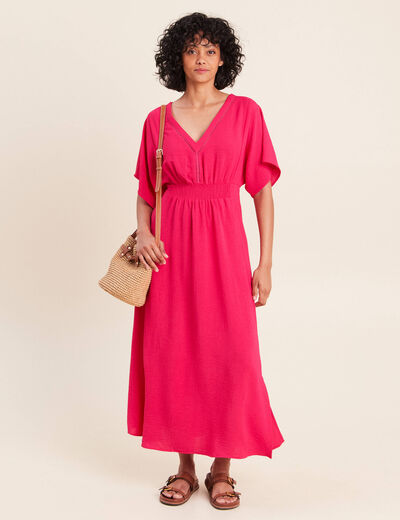 Robe longue &eacute;vas&eacute;e col v manches coudes rose fushia femme