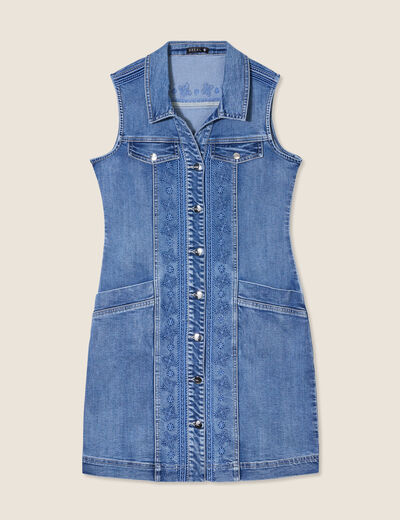 Robe droite brodée en jean denim double stone femme