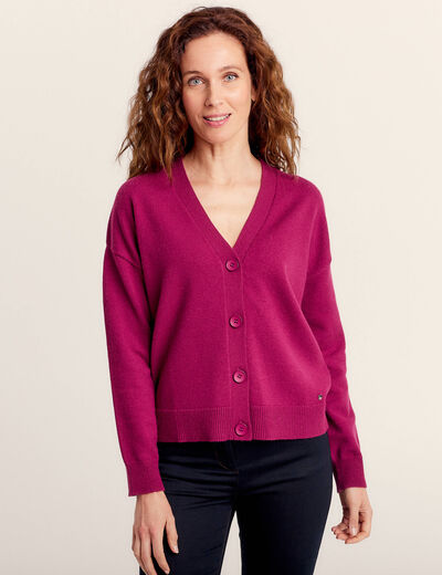 Gilet manches longues col en V rose fushia femme