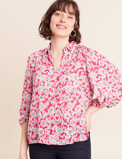 Blouse ample col chemise manches 3/4 rose femme