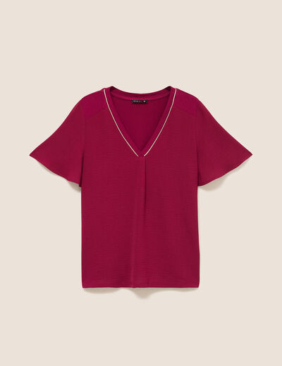 T-shirt bi-mati&egrave;re manches courtes rouge fonc&eacute; femme