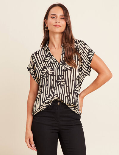 Blouse en voile col v manches courtes noir femme