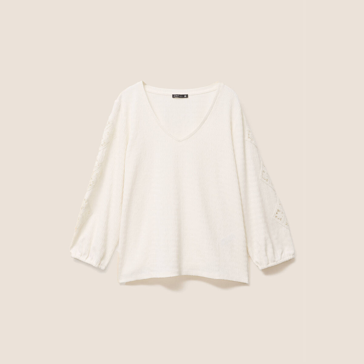 blouse macramé col V manches 3/4 ecru femme