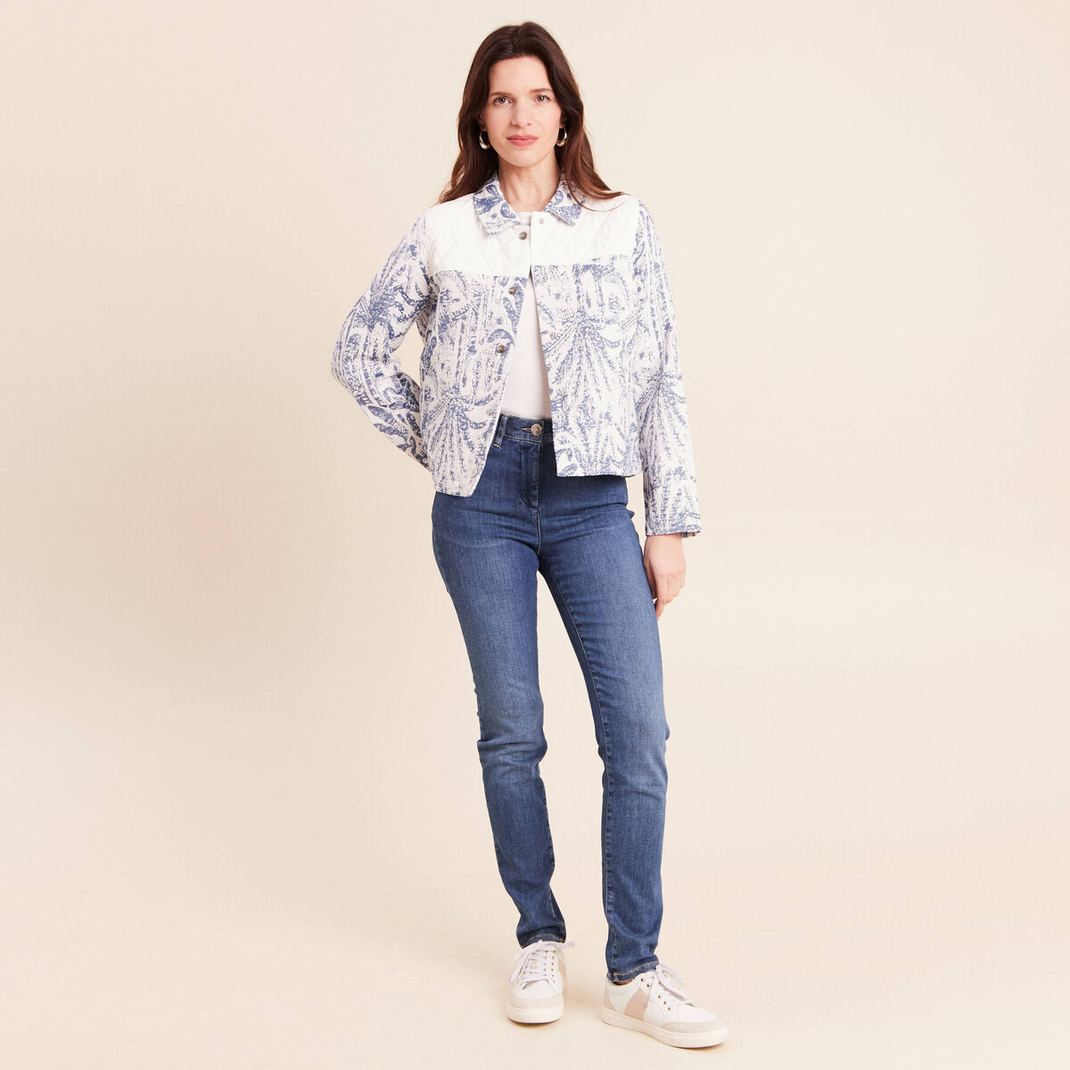 Veste bi-mati&egrave;re jacquard bleu femme