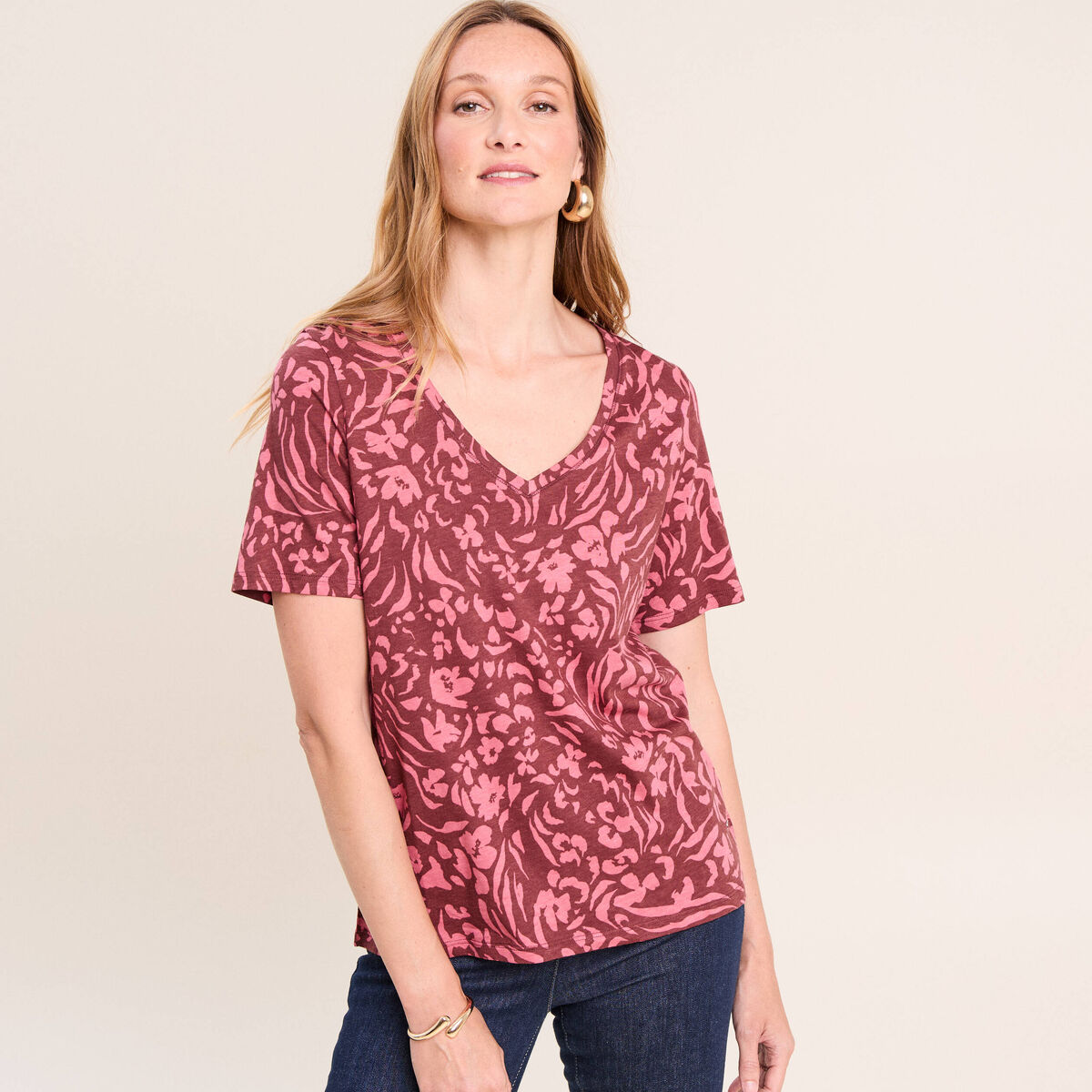 T-shirt col V manches courtes rose femme