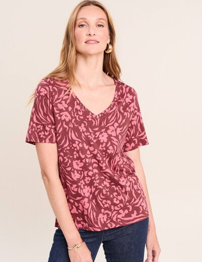 T-shirt col V manches courtes rose femme