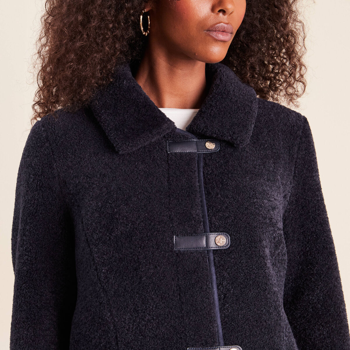 Manteau droit effet mouton bleu fonc&eacute; femme