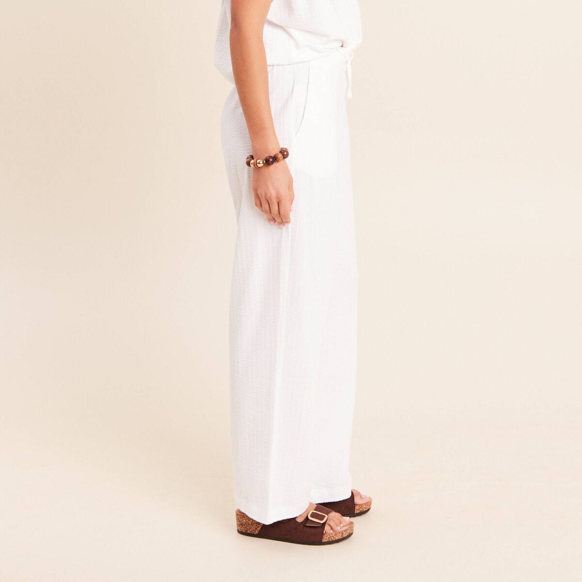 Pantalon large taille haute blanc femme